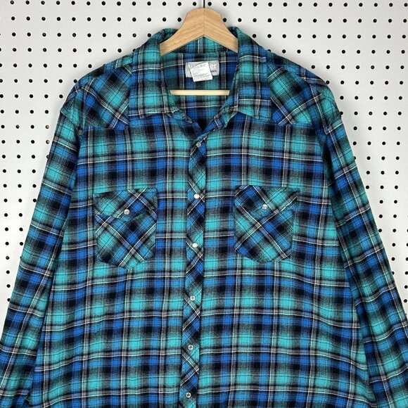Wrangler Wrancher Shirt Sz XXL Blue Teal Plaid Striped Pearl Snap Vintage Cowboy - Picture 1 of 6